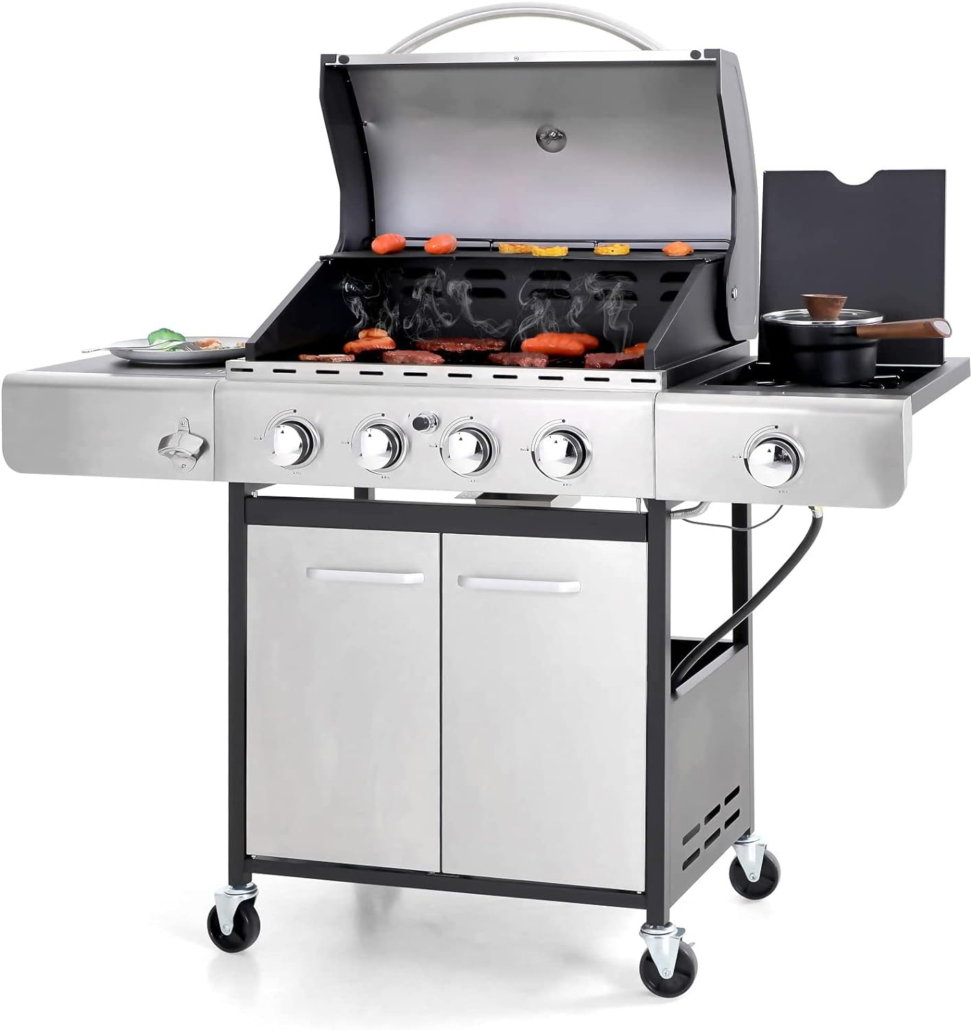 Burner Gas grill with side burner and enameled cast iron grille 42,000BTU outdoor cooking stainless steel propane grill Garden grill, silver
