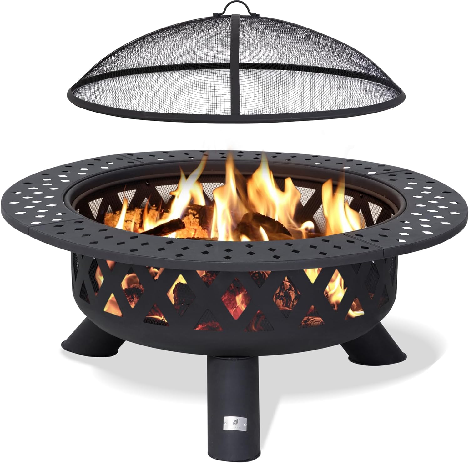 SUNCREAT 42” Patio Fire Pit Wood Burning with Mesh Spark Screen, Bonfire Outdoor firepit with Fireplace Poker, Black