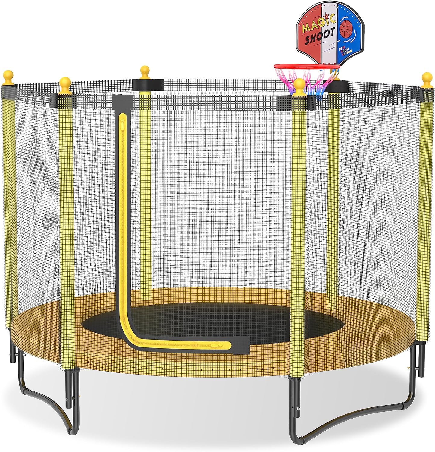 60" Kids Trampoline with Safety Enclosure Net, 5FT Toddler Indoor & Outdoor Trampoline/w Basketball Hoop