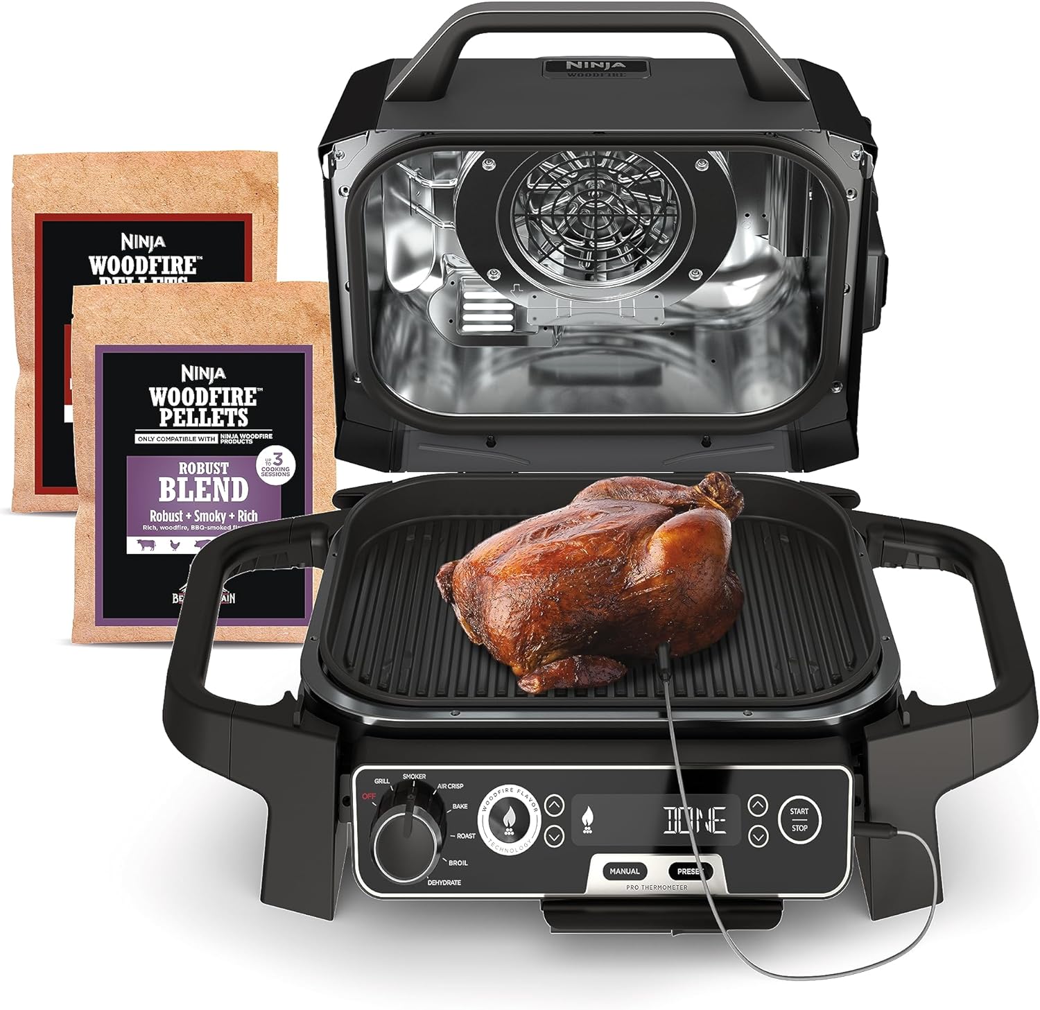7-in-1 Grill & Smoker with Thermometer, Air Fryer, BBQ, Bake, Roast, Broil